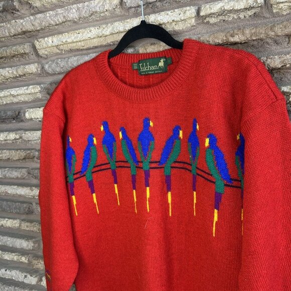 Tulchan Vintage Red Parrot 100% Wool British Made Sweater Size Large - Picture 7 of 8